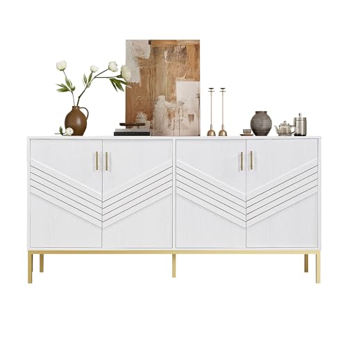 WEALTHOUSE Modernes Sideboard mit Türen und Metallgestell – Stilvolles Möbel für Wohnzimmer oder Flur – Geometrische Frontstruktur – Viel Stauraum – MDF-Korpus – Höhenverstellbare Regalböden (Weiß) von WEALTHOUSE