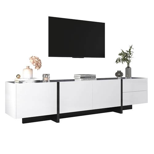 WEALTHOUSE Modernes TV-Lowboard mit Hochglanzfront, Push-to-Open Türen, Schubladen mit Soft-Close Funktion, klare Linienführung, asymmetrische Struktur, mit offenem und geschlossenem Stauraum (Weiß) von WEALTHOUSE
