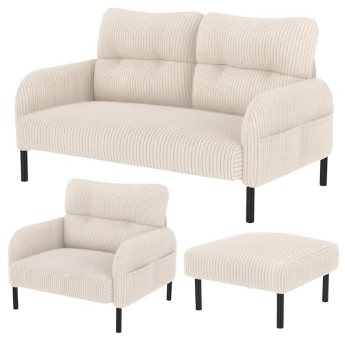WEALTHOUSE Modulares Cord Sofa Set aus Zweisitzer,Sessel und Hocker mit ergonomischer Rückenlehne,Seitentasche und stabilem Metall‑Holz‑Gestell – für Wohnzimmer & kleine Apartments (Beige,3er-Set) von WEALTHOUSE