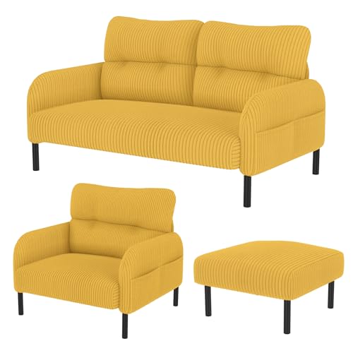 WEALTHOUSE Modulares Cord Sofa Set aus Zweisitzer,Sessel und Hocker mit ergonomischer Rückenlehne,Seitentasche und stabilem Metall‑Holz‑Gestell – für Wohnzimmer & kleine Apartments (Gelb,3er-Set) von WEALTHOUSE
