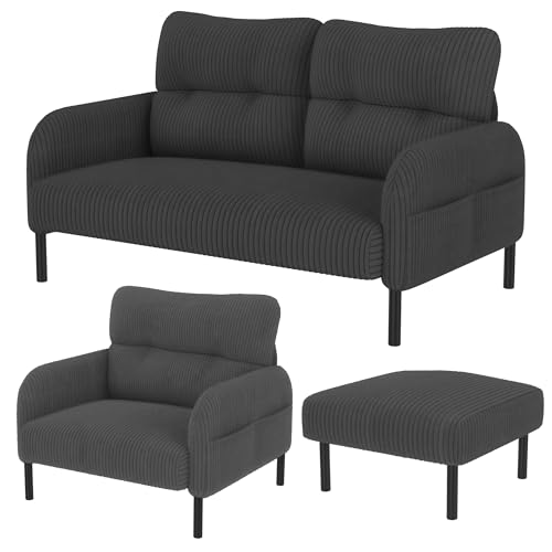 WEALTHOUSE Modulares Cord Sofa Set aus Zweisitzer,Sessel und Hocker mit ergonomischer Rückenlehne,Seitentasche und stabilem Metall‑Holz‑Gestell – für Wohnzimmer & kleine Apartments (Grau,3er-Set) von WEALTHOUSE