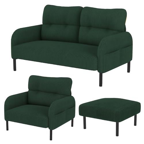 WEALTHOUSE Modulares Cord Sofa Set aus Zweisitzer,Sessel und Hocker mit ergonomischer Rückenlehne,Seitentasche und stabilem Metall‑Holz‑Gestell – für Wohnzimmer & kleine Apartments (Smaragd,3er-Set) von WEALTHOUSE