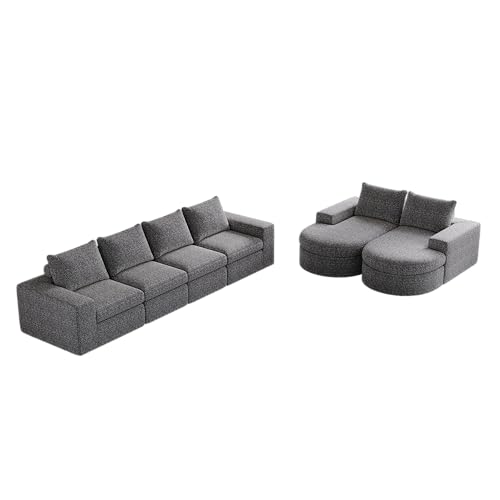 WEALTHOUSE Modulares Sofa mit Liegesitz aus weichem Chenille – Curved Design mit kombinierten Elementen – hochwertiger Slow‑Rebound‑Schaum mit Doppelkissen – freie Modul‑Kombination (Grau,3-Sitzer) von WEALTHOUSE