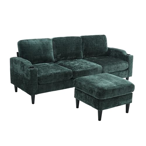 WEALTHOUSE Modulares Sofa mit Ottomane, 4-Sitzer Couch mit Stauraum im Hocker, integrierten Getränkehaltern, praktischen Seitentaschen, weichem Chenille-Stoffbezug, für Wohnzimmer (Grün) von WEALTHOUSE
