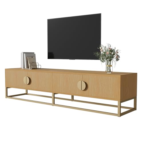 WEALTHOUSE Multifunktionaler TV-Ständer mit strukturierter Oberfläche, dekorative Türen mit Halbkreisgriff, Elegantes Medienmöbel mit stabilen Metallstützen, langlebiger MDF-Korpus (Holzfarbe) von WEALTHOUSE