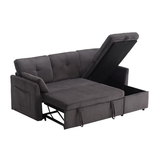 WEALTHOUSE Multifunktionales Schlafsofa mit Stauraum und Ausziehbett, modernes modulares Ecksofa mit verstellbarem Liegestuhl rechts, weicher gestreifter Stoff, umbaubar zum Bett (Dunkelgrau+Samt) von WEALTHOUSE