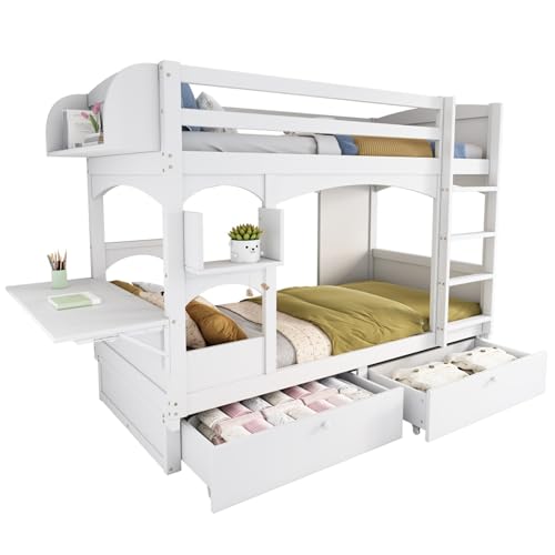 WEALTHOUSE Multifunktionsbett inklusive klappbarer Arbeitsfläche Bücherregal Doppelschlafplatz Kletterstufen Treppeneinstieg Holzrahmen Schutzgeländer Stauraumfunktion Lernplatz Möbelstück Raumlösung von WEALTHOUSE