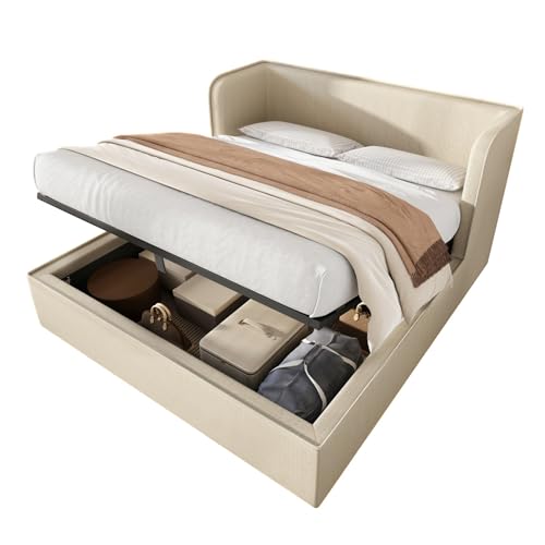 WEALTHOUSE Polsterbett mit hydraulischem Stauraum, Bettgestell inkl. Lattenrost, breite Seitenlehne, Abnehmbarer Stoffbezug, stabile Konstruktion (Beige Ohne Matratze,180x200cm) von WEALTHOUSE