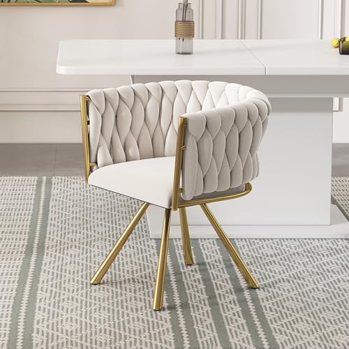 WEALTHOUSE Samt Schminkstuhl mit 360 Grad Drehfunktion, ergonomischer Sessel mit gepolsterter Rückenlehne, Metallgestell mit Vier Beinen, weiche Sitzfläche, höhenoptimiert (Beige+Gold+Samt) von WEALTHOUSE