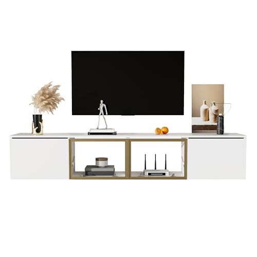 WEALTHOUSE TV-Schrank im minimalistischen Design mit 4 Türen inklusive Glastüren für vielseitige Nutzung, stehend oder wandmontierbar, modernes Möbelstück für Wohnzimmer, Stabiler Stauraum (Weiß) von WEALTHOUSE