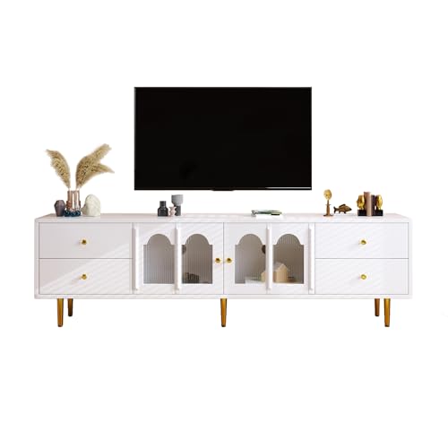 WEALTHOUSE TV-Schrank mit gewölbten Glastüren und goldenen Griffen – Wohnzimmermöbel mit Vier geräumigen Schubladen und Zwei Türen, eleganter TV-Ständer als Designer"stück mit smartem Stauraum (Weiß) von WEALTHOUSE