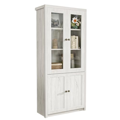 WEALTHOUSE Vitrinenschrank mit geschlossener Front und klarer Linienführung, kombinierbar mit modernen Wohnstilen, mehrstöckiger Stauraum mit Regalen hinter Türen aus Glas und Holzoptik (Holzfarbe) von WEALTHOUSE