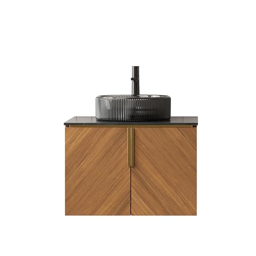 WEALTHOUSE Wandmontierter Badezimmer-Waschtisch Set Aufsatzbecken Arbeitsplatte Sperrholz Unterschrank Eichenmaserung Soft-Close Türen Messinggriff (Transparentes Schwarzes Rundes Glasbecken,61cm) von WEALTHOUSE