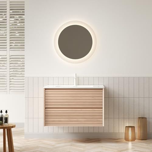 WEALTHOUSE Wandmontierter Badezimmer-Waschtisch mit rechteckigem Keramik-Unterbaubecken, gestreiftem Sperrholzschrank, Soft-Close-Schubladen, wasserresistente Oberflächenversiegelung (Walness,81cm) von WEALTHOUSE