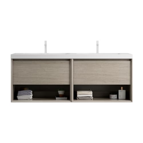 Wandmontage Badezimmer Waschtischset Rechteckbecken Resin Integralbecken Massivholzfront Mehrschichtplattenkorpus Eichenoptik Holzmaserung Softclose-Schublade Ablagefach (Lichte Eiche,140cm) von WEALTHOUSE