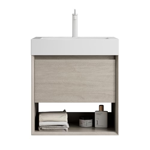 Wandmontage Badezimmer Waschtischset Rechteckbecken Resin Integralbecken Massivholzfront Mehrschichtplattenkorpus Eichenoptik Holzmaserung Softclose-Schublade Ablagefach (Lichte Eiche,55cm) von WEALTHOUSE