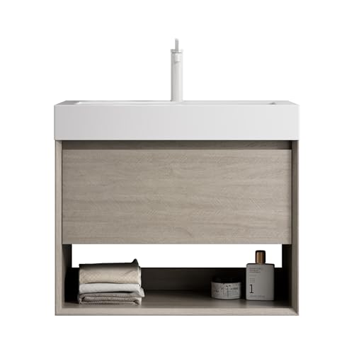 Wandmontage Badezimmer Waschtischset Rechteckbecken Resin Integralbecken Massivholzfront Mehrschichtplattenkorpus Eichenoptik Holzmaserung Softclose-Schublade Ablagefach (Lichte Eiche,70cm) von WEALTHOUSE