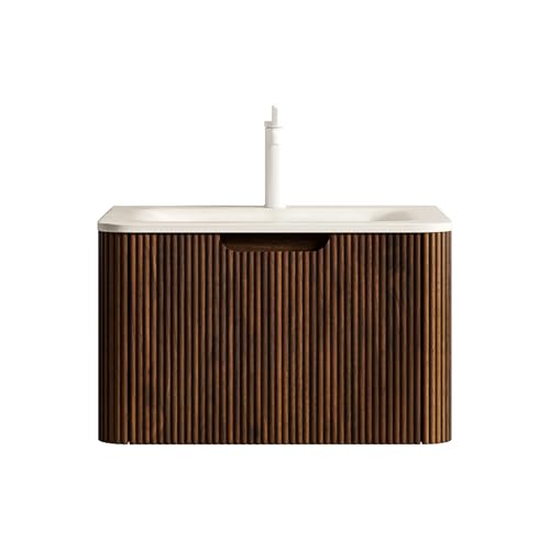 Wandmontierter Badezimmer-Waschtisch Roma Travertin gesinterter Stein heißgebogenes Unterbau-Becken,natürliche Holzmaserung Front,gerilltes Sperrholzgehäuse,LED Soft-Close Schublade (Walness,60cm) von WEALTHOUSE
