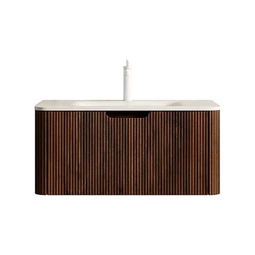 Wandmontierter Badezimmer-Waschtisch Roma Travertin gesinterter Stein heißgebogenes Unterbau-Becken,natürliche Holzmaserung Front,gerilltes Sperrholzgehäuse,LED Soft-Close Schublade (Walness,80cm) von WEALTHOUSE