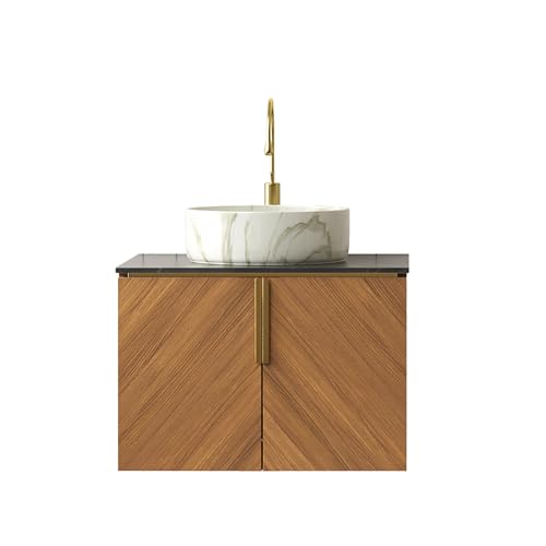 Wandmontierter Badezimmer-Waschtisch Set Aufsatzbecken Arbeitsplatte Sperrholz Unterschrank Eichenmaserung Soft-Close Türen Messinggriff (Weißes rundes Keramikbecken mit Steinmuster,61cm) von WEALTHOUSE