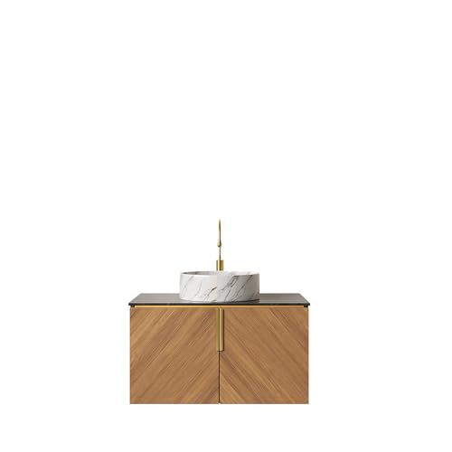 Wandmontierter Badezimmer-Waschtisch Set Aufsatzbecken Arbeitsplatte Sperrholz Unterschrank Eichenmaserung Soft-Close Türen Messinggriff (Weißes rundes Keramikbecken mit Steinmuster,76cm) von WEALTHOUSE
