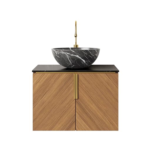 Wandmontierter Badezimmer-Waschtisch Set Aufsatzbecken Arbeitsplatte Sperrholz Unterschrank Eichenmaserung Soft-Close Türen Messinggriff (schwarzer Schüssel Keramikbecken mit Steinmuster,61cm) von WEALTHOUSE