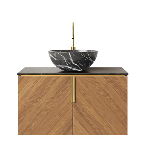 Wandmontierter Badezimmer-Waschtisch Set Aufsatzbecken Arbeitsplatte Sperrholz Unterschrank Eichenmaserung Soft-Close Türen Messinggriff (schwarzer Schüssel Keramikbecken mit Steinmuster,76cm) von WEALTHOUSE