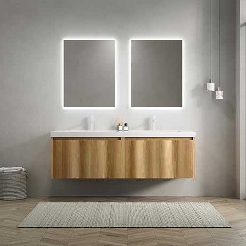 Wandmontierter Badezimmer-Waschtisch Set integriertem rechteckigem Harzbecken, gestreifter Holzoptik-Schrankfront, Soft-Close-LED-Schubladensystem,pflegeleichte Mineraloberfläche (Natur,140cm) von WEALTHOUSE