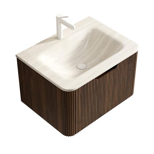 Wandmontierter Badezimmer-Waschtisch mit Roma Travertin gesintertem Stein heißgebogenem Unterbau-Waschbecken, Gestreiftem Sperrholzschrank mit Soft-Close Schublade, Vormontiert (Walness,60cm) von WEALTHOUSE