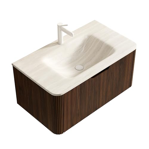 Wandmontierter Badezimmer-Waschtisch mit Roma Travertin gesintertem Stein heißgebogenem Unterbau-Waschbecken, Gestreiftem Sperrholzschrank mit Soft-Close Schublade, Vormontiert (Walness,80cm) von WEALTHOUSE