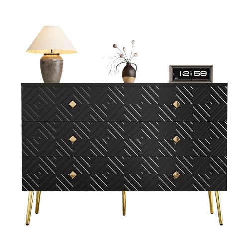 Wohnzimmermöbel im minimalistischen Look – Sideboard mit Diamantgriffen und strukturierter Oberfläche – MDF-Gehäuse mit robustem Aufbau – Praktisches Möbel für Einrichtungsliebhaber (Schwarz) von WEALTHOUSE