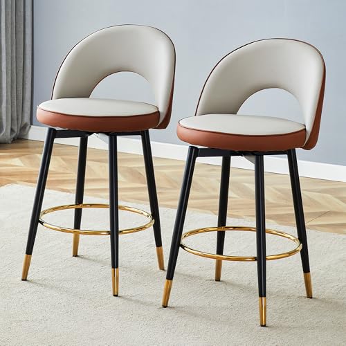 Zweierpack 360° rotierbare Thekenstühle aus PU‑Leder, schalenförmige Rückenstütze, gepolsterte Sitzfläche, Metallgestell mit Goldener Zierleiste und Fußablage – stilvolle Drehhocker (Weiß+Braun) von WEALTHOUSE