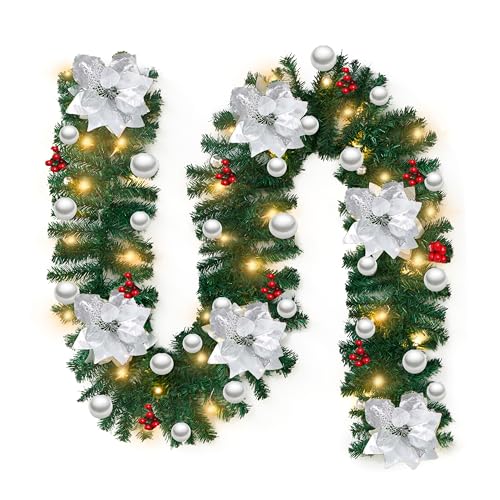 WEASHUME 9FT Weihnachtsgirlande mit Beleuchtung 2.7M Tannengirlande Künstlich mit LED Lichterkette, Blumen, Kugeln,Künstliche Girlande Weihnachtsdeko für Tür,Treppen,Kamine,Silber von WEASHUME