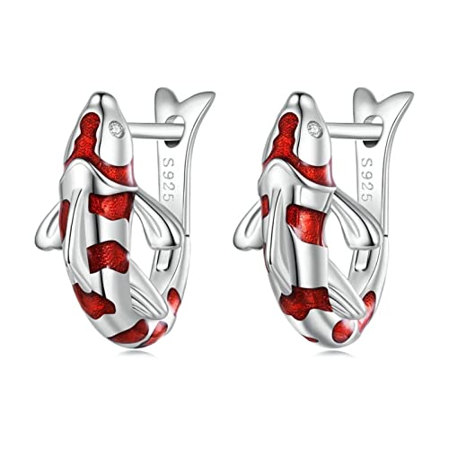 WEAV 925 Sterling Silber Rote Emaille Glückskarpfen Ohrschnallen Glücksfisch Creolen Für Frauen Neujahrsgeschenk Edlen Schmuck von WEAV