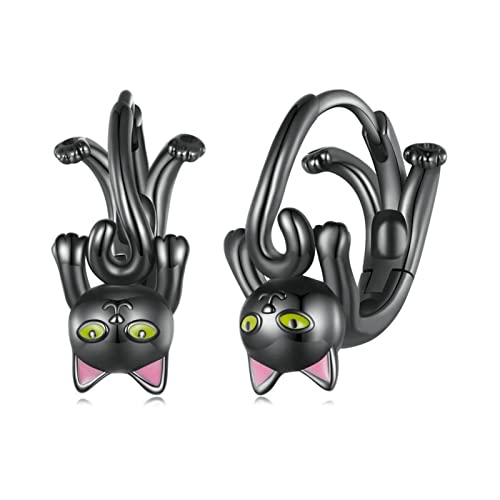WEAV 925 Sterling Silber Schöne Schwarze Katze Ohrschnallen Niedlichen Tier Creolen Schwarz Gold Für Frauen Edles Schmuckgeschenk von WEAV