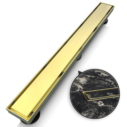 WEBANG 61.0 cm Linearer Duschrinne Rechteckiger Bodenablauf mit Zubehör Reversible 2-in-1 Abdeckung Flieseneinsatz Rost Abnehmbarer SUS304 Edelstahl CUPC Zertifiziert Gebürstetes Gold von WEBANG