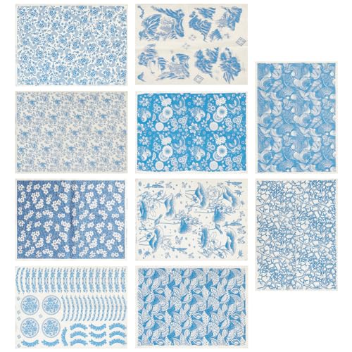 WEBEEDY 10 Stile Unterglasur-Transfers Keramik-Abziehbilder Blaues Thema Porzellan-Keramik-Ton Glasur-Transferpapierbögen Für Töpferkunst Überglasur-Emaille-Aufkleber Wasserrutsch-Aufkleber, 51x36 cm von WEBEEDY