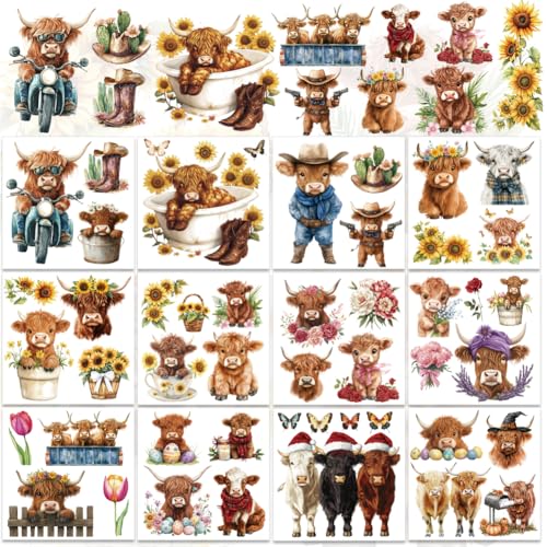 WEBEEDY 12 Bogen Frühlings Fensteraufkleber Highland Kuh Rub On Transfer Aufkleber Niedliche Tier Blumenmuster Aufkleber Für Glastüren Holz Büro Möbel Dekor von WEBEEDY