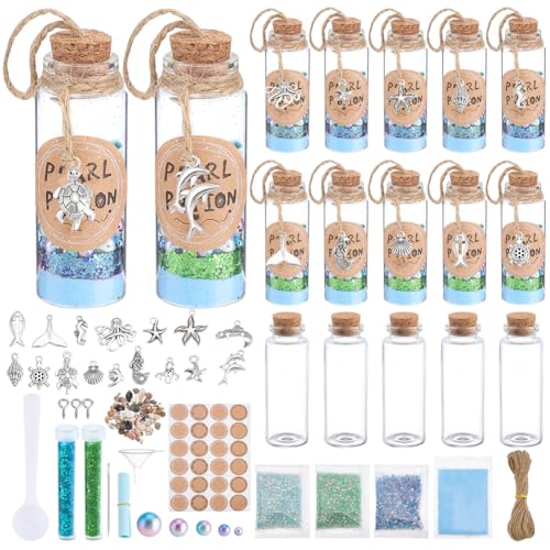 WEBEEDY 12 Sets DIY Meeresglasflasche Meerjungfrau Ornamente Kleines Glasgefäß mit Kork, Winzige Glasflaschen mit Perlen Muscheln Wunschpapier und Meerestiere Charms Raumdekoration von WEBEEDY