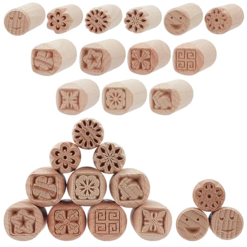 WEBEEDY 13 Stile 2 Größen Holz Ton Modelliermuster Stempel Set Kreise Und Quadrate Holz Töpfer Ton Stempel Werkzeug Handgeschnitzte Stempel Mit Gemischten Mustern Für Ton (5x2cm 5x2.5cm) von WEBEEDY