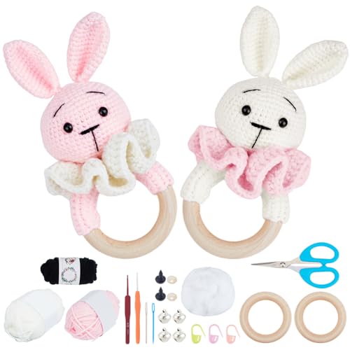 WEBEEDY 2 Komplettes Häkel-Set für Anfänger DIY Häkel Häschen Rassel Set Handgemachte Bärenrassel Mit Ausführlicher Anleitung Garn Haken Faden Für Erwachsene Geburtstagsgeschenk von WEBEEDY
