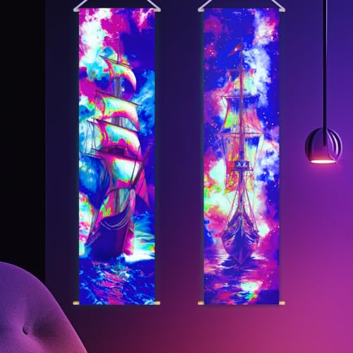 WEBEEDY 2 Pcs UV Reaktiv Schwarzlicht Schiff Wandteppich Bunte Trippy Wandteppich mit Ozean Welle,Glow in the Dark Wandteppich für Schlafzimmer Ästhetische Wand Kunst Dekor Poster,33x130cm von WEBEEDY