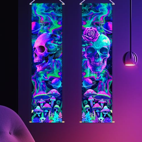 WEBEEDY 2 Pcs UV Reaktive Schädel Galaxie Weltraum Wandteppiche Bunte Lange Wandteppiche Hängend,Pilz Schmetterling Ästhetische Raum Hängend Hintergrund Schwarzes Licht Wanddekor,33 x 130cm von WEBEEDY