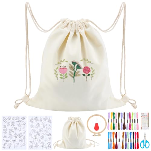 WEBEEDY 2 Set Blumenrucksack Stickerei Set Für Anfänger DIY Stickerei Taschen Set Mit Blumenmuster Stickrahmen Frauen Einzigartiges Geschenk Thema von WEBEEDY