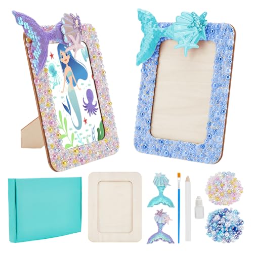 WEBEEDY 2 Sets DIY Meerjungfrau Thema Bilderrahmen Kit Mosaik-Fotorahmen-Bausatz Machen Sie Ihre Eigenen Spaß Fotorahmen,14x19cm Hölzerne Fotorahmen Making Kit Home Wall Decor von WEBEEDY
