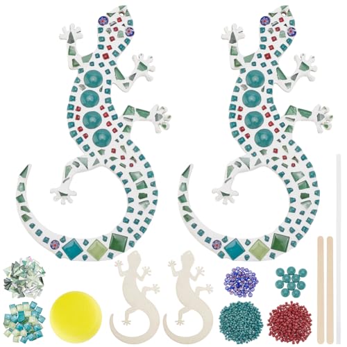 WEBEEDY 2 Sets Glasmosaikfliesen Set Gecko Mosaik Bastelset Kreativität Echse Tier Mosaik Hängende Kunst Set mit Anleitung DIY Mosaik Untersetzer Set für Erwachsene Anfänger von WEBEEDY