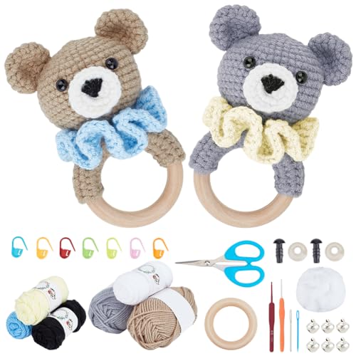 WEBEEDY 2 Sets Häkelset für Anfänger, DIY Bär Häkeln Rassel Kit mit detaillierter Anleitung, Garn, Haken, Faden für Erwachsene, komplettes Nähen Tier Rassel Kit Handgemachtes Geschenkzubehör von WEBEEDY