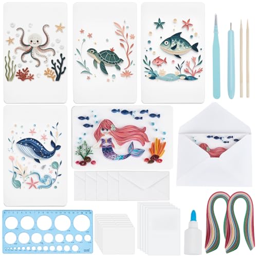WEBEEDY 20 Set Meerjungfrau Papier Quilling Kit Für Erwachsene Anfänger 5 Stile Meerjungfrauen Seepferdchen Krake Schildkröten Meereslebewesen Grußkarten Bastelset Mit Anleitung Sommer Geschenke von WEBEEDY