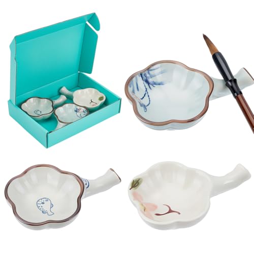 WEBEEDY 3 Arten Keramik Tintenschale Mit Griff Fisch Lotus Pfingstrose Porzellan Tintenplatte Multifunktionale Palette Pinselhalter Ruhe Für Chinesische Kalligrafiebedarf 11.5x7.5x2.5cm von WEBEEDY