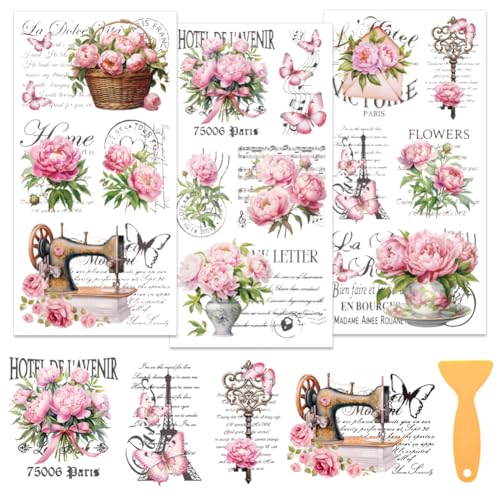 WEBEEDY 3 Blatt Blumen Rub On Transfers Für Bastelarbeiten Und Möbel Vintage Pfingstrosen Blumenmöbel Aufkleber Decal Für Wand Fenster Umschlag Schlafzimmer Dekoration 15x30cm von WEBEEDY